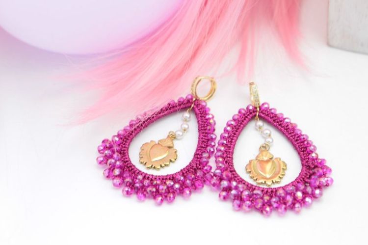 Boucles Créoles perlées FUSHIA